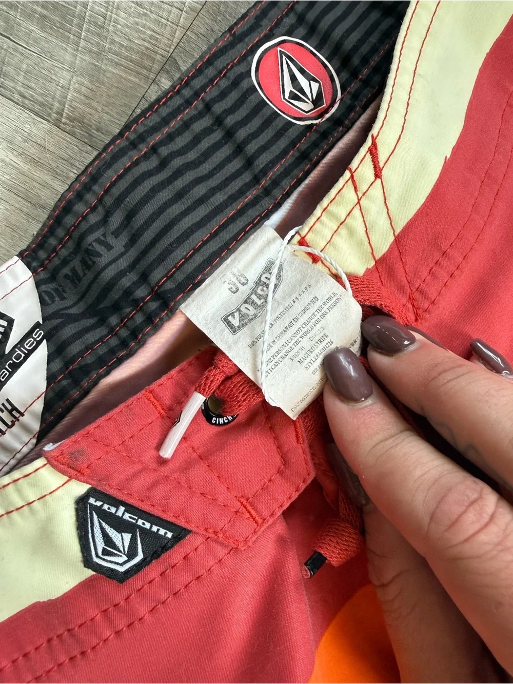 Volcom Men’s Red Orange Cream Striped Boardshorts